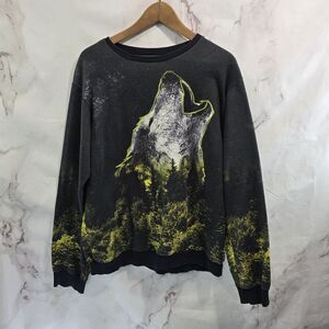 Blowhammer Sweatshirt Mens Large Black Green Crew Pullover Wolf Trees Forest